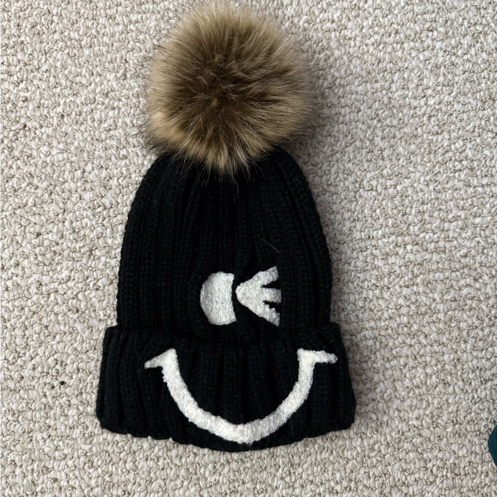 Womens Black Pom-Pom Beanie with Smiley Design